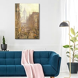 «Fleet Street, 1892» в интерьере современной гостиной в синих тонах «Fleet Street, 1892» в интерьере современной гостиной в синих тонах