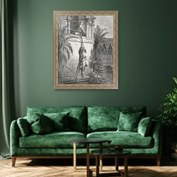 «The Escape of David through the Window, illustration from Dore's 'The Holy Bible', 1866» в интерьере зеленой гостиной над диваном «The Escape of David through the Window, illustration from Dore's 'The Holy Bible', 1866» в интерьере зеленой гостиной над диваном