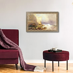«Stormy Weather, Clearing Seaton Cliffs, South Devon, 19th century» в интерьере гостиной в бордовых тонах «Stormy Weather, Clearing Seaton Cliffs, South Devon, 19th century» в интерьере гостиной в бордовых тонах