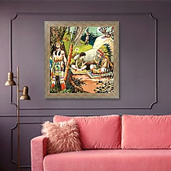 «Peter Pan talks with the Chieftain, illustration from 'Peter Pan' by J.M. Barrie» в интерьере гостиной с розовым диваном «Peter Pan talks with the Chieftain, illustration from 'Peter Pan' by J.M. Barrie» в интерьере гостиной с розовым диваном
