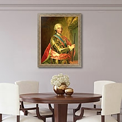 «Charles III in Armour, after 1759» в интерьере гостиной в оливковых тонах «Charles III in Armour, after 1759» в интерьере гостиной в оливковых тонах