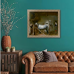 «Horse in a Stable, c.1652-54» в интерьере гостиной с зеленой стеной над диваном «Horse in a Stable, c.1652-54» в интерьере гостиной с зеленой стеной над диваном