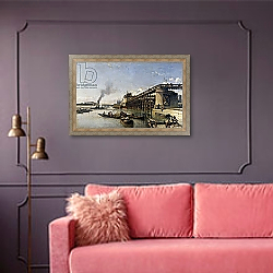 «View of Paris, the Seine or l'Estacade, 1853» в интерьере гостиной с розовым диваном «View of Paris, the Seine or l'Estacade, 1853» в интерьере гостиной с розовым диваном
