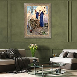 «Abraham and Isaac on Mount Moriah» в интерьере гостиной в оливковых тонах «Abraham and Isaac on Mount Moriah» в интерьере гостиной в оливковых тонах