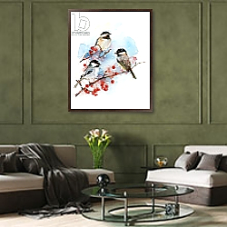 «Chickadees with Berries, 2017,» в интерьере гостиной в классическом стиле над диваном «Chickadees with Berries, 2017,» в интерьере гостиной в классическом стиле над диваном