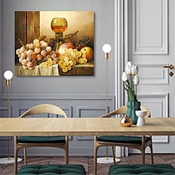 «Grapes, apples, plums and a peach with hock glass on draped ledge» в интерьере современной кухни над столом «Grapes, apples, plums and a peach with hock glass on draped ledge» в интерьере современной кухни над столом