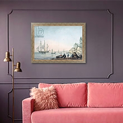 «Marine View, with boat and figures on a shore» в интерьере гостиной с розовым диваном «Marine View, with boat and figures on a shore» в интерьере гостиной с розовым диваном