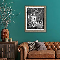 «The pleasures of summer, engraved by Francois Joullain» в интерьере гостиной с зеленой стеной над диваном «The pleasures of summer, engraved by Francois Joullain» в интерьере гостиной с зеленой стеной над диваном