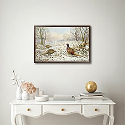 «Pheasant and Partridges in a Snowy Landscape» в интерьере гостиной с розовым диваном «Pheasant and Partridges in a Snowy Landscape» в интерьере гостиной с розовым диваном