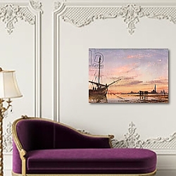 «View Across the Lagoon, Venice, Sunset, 1850» в интерьере спальни с акцентной стеной «View Across the Lagoon, Venice, Sunset, 1850» в интерьере спальни с акцентной стеной