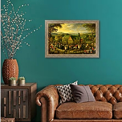 «Country Life with a Wedding Scene» в интерьере гостиной с зеленой стеной над диваном «Country Life with a Wedding Scene» в интерьере гостиной с зеленой стеной над диваном