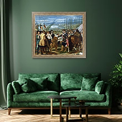 «The Surrender of Breda, 1625, c.1635» в интерьере зеленой гостиной над диваном «The Surrender of Breda, 1625, c.1635» в интерьере зеленой гостиной над диваном