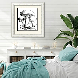 «Agaricus campestris or meadow mushroom engraving» в интерьере спальни в стиле прованс с голубыми деталями «Agaricus campestris or meadow mushroom engraving» в интерьере спальни в стиле прованс с голубыми деталями