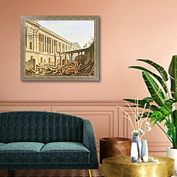 «Demolition of the Hotel de Bourbon and clearing the Louvre Colonnade, c.1764» в интерьере классической гостиной над диваном «Demolition of the Hotel de Bourbon and clearing the Louvre Colonnade, c.1764» в интерьере классической гостиной над диваном
