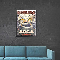 «Poster advertising Philips Arga Lamp, c.1918» в интерьере в стиле лофт с черной кирпичной стеной «Poster advertising Philips Arga Lamp, c.1918» в интерьере в стиле лофт с черной кирпичной стеной