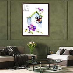 «Wren with birdhouse and clematis, 2016,» в интерьере классической гостиной с зеленой стеной над диваном «Wren with birdhouse and clematis, 2016,» в интерьере классической гостиной с зеленой стеной над диваном