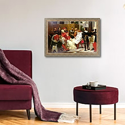 «Pope Julius II ordering to construct St. Peter's, 1827 2» в интерьере гостиной в бордовых тонах «Pope Julius II ordering to construct St. Peter's, 1827 2» в интерьере гостиной в бордовых тонах