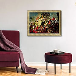 «King Stephan IV Batory besieging Pskov in 1581» в интерьере зеленой гостиной над диваном «King Stephan IV Batory besieging Pskov in 1581» в интерьере зеленой гостиной над диваном