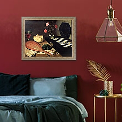 «Still Life with Chess-board, 1630» в интерьере спальни с акцентной стеной «Still Life with Chess-board, 1630» в интерьере спальни с акцентной стеной