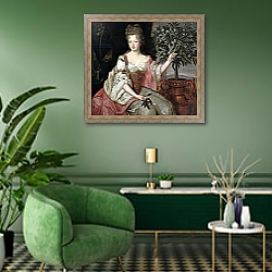 «Portrait of Francoise Marie de Bourbon Duchess of Orleans» в интерьере гостиной в зеленых тонах «Portrait of Francoise Marie de Bourbon Duchess of Orleans» в интерьере гостиной в зеленых тонах