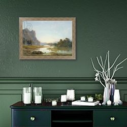 «Sunset over a River Landscape, c.1840» в интерьере прихожей в зеленых тонах над комодом «Sunset over a River Landscape, c.1840» в интерьере прихожей в зеленых тонах над комодом