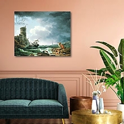 «A Storm with Shipwreck by a Fortress, a Castaway in the Foreground, 1769» в интерьере гостиной в бордовых тонах «A Storm with Shipwreck by a Fortress, a Castaway in the Foreground, 1769» в интерьере гостиной в бордовых тонах