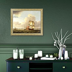 «Shipping in the Thames Estuary, c.1761-66» в интерьере прихожей в зеленых тонах над комодом «Shipping in the Thames Estuary, c.1761-66» в интерьере прихожей в зеленых тонах над комодом