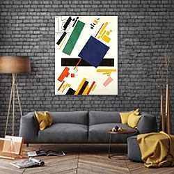 «Suprematist Composition, 1916 1» в интерьере гостиной в стиле лофт с кирпичной стеной «Suprematist Composition, 1916 1» в интерьере гостиной в стиле лофт с кирпичной стеной