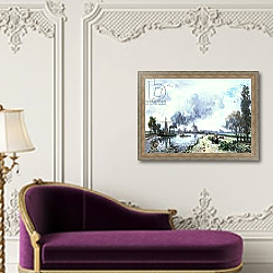 «Dutch Landscape with Windmills, 1868» в интерьере в классическом стиле над банкеткой «Dutch Landscape with Windmills, 1868» в интерьере в классическом стиле над банкеткой