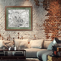 «Map of Oxford, Oxfordshire, England 1898» в интерьере гостиной в стиле лофт с кирпичной стеной «Map of Oxford, Oxfordshire, England 1898» в интерьере гостиной в стиле лофт с кирпичной стеной