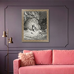 «Hagar and Ishmael in the Desert, illustration from Dore's 'The Holy Bible', engraved by Piaud, 1866» в интерьере гостиной с розовым диваном «Hagar and Ishmael in the Desert, illustration from Dore's 'The Holy Bible', engraved by Piaud, 1866» в интерьере гостиной с розовым диваном