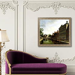 «View of the Kloveniersburgwal in Amsterdam, with the Waag, 1685» в интерьере в классическом стиле над банкеткой «View of the Kloveniersburgwal in Amsterdam, with the Waag, 1685» в интерьере в классическом стиле над банкеткой