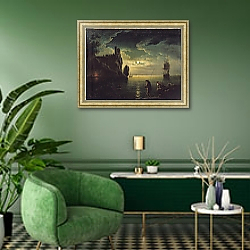 «Evening Seascape 1» в интерьере гостиной в зеленых тонах «Evening Seascape 1» в интерьере гостиной в зеленых тонах