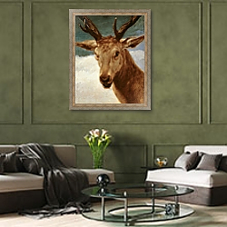 «Head of a Stag, 1634» в интерьере классической гостиной с зеленой стеной над диваном «Head of a Stag, 1634» в интерьере классической гостиной с зеленой стеной над диваном