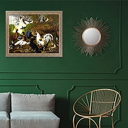 «The Fable of the Raven with a Peacock, Cockerel, Woodpecker, Jay, Woodcock, and Magpie» в интерьере классической гостиной с зеленой стеной над диваном «The Fable of the Raven with a Peacock, Cockerel, Woodpecker, Jay, Woodcock, and Magpie» в интерьере классической гостиной с зеленой стеной над диваном