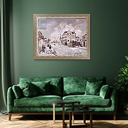 «View of Faubourg Saint-Jacques» в интерьере зеленой гостиной над диваном «View of Faubourg Saint-Jacques» в интерьере зеленой гостиной над диваном