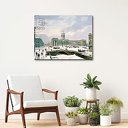 «Kazan Cathedral, St. Petersburg, printed by Lemercier, Paris, 1840s» в интерьере современной гостиной в розовых тонах «Kazan Cathedral, St. Petersburg, printed by Lemercier, Paris, 1840s» в интерьере современной гостиной в розовых тонах