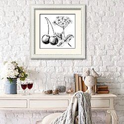 «Cherry with leaves and flowers vintage engraving» в интерьере в стиле прованс над столиком «Cherry with leaves and flowers vintage engraving» в интерьере в стиле прованс над столиком