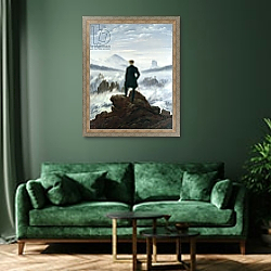 «The Wanderer above the Sea of Fog, 1818» в интерьере зеленой гостиной над диваном «The Wanderer above the Sea of Fog, 1818» в интерьере зеленой гостиной над диваном