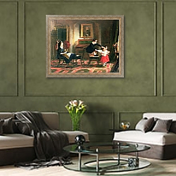 «Children playing at coach and horses, 19th century» в интерьере гостиной в оливковых тонах «Children playing at coach and horses, 19th century» в интерьере гостиной в оливковых тонах