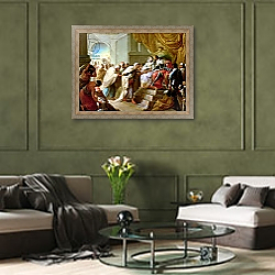 «The Catholic King and Queen with an Embassy from the King of Fez» в интерьере гостиной в оливковых тонах «The Catholic King and Queen with an Embassy from the King of Fez» в интерьере гостиной в оливковых тонах