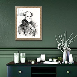 «Francois-Rene, Vicomte de Chateaubriand, engraved by Lemercier» в интерьере прихожей в зеленых тонах над комодом «Francois-Rene, Vicomte de Chateaubriand, engraved by Lemercier» в интерьере прихожей в зеленых тонах над комодом