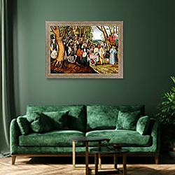 «Landscape with St. John the Baptist Preaching» в интерьере зеленой гостиной над диваном «Landscape with St. John the Baptist Preaching» в интерьере зеленой гостиной над диваном