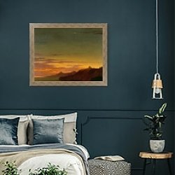 «Close of the Day: Sunset on the Coast, c.1768-75» в интерьере классической спальни с темными стенами «Close of the Day: Sunset on the Coast, c.1768-75» в интерьере классической спальни с темными стенами