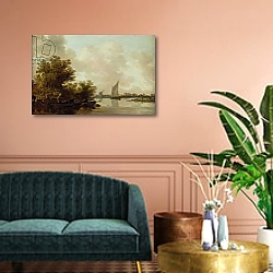 «Wooded River Landscape with Fishermen» в интерьере зеленой гостиной над диваном «Wooded River Landscape with Fishermen» в интерьере зеленой гостиной над диваном