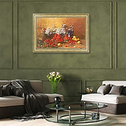 «Still life of flowers and fruit» в интерьере гостиной в оливковых тонах «Still life of flowers and fruit» в интерьере гостиной в оливковых тонах