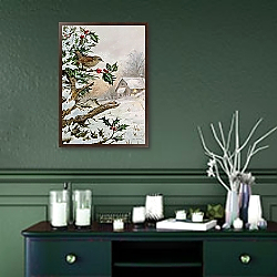 «Wren in Hollybush by a cottage» в интерьере в классическом стиле в синих тонах «Wren in Hollybush by a cottage» в интерьере в классическом стиле в синих тонах