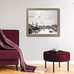 «The Port of Trade, Le Havre, 1892» в интерьере гостиной в бордовых тонах «The Port of Trade, Le Havre, 1892» в интерьере гостиной в бордовых тонах