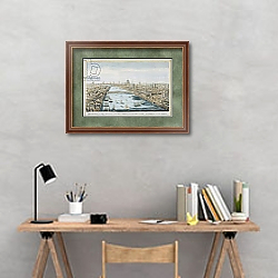 «A General View of the City of London and the River Thames, plate 2 from 'Views of London' 1794» в интерьере кабинета с серыми стенами над столом «A General View of the City of London and the River Thames, plate 2 from 'Views of London' 1794» в интерьере кабинета с серыми стенами над столом