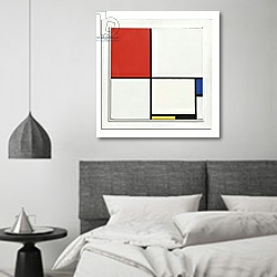 «Composition No. III, with Red, Blue, Yellow, and Black, 1929» в интерьере спальне в стиле минимализм над кроватью «Composition No. III, with Red, Blue, Yellow, and Black, 1929» в интерьере спальне в стиле минимализм над кроватью